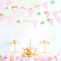 Décorations de fête du thé de printemps : Guirlande triangulaire en carton à motifs floraux, papillons, carreaux, rose et or, pour diverses occasions