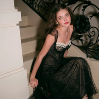 Robe longue en tulle noir à col carré pour femme, à pois, manches courtes, coupe trapèze, élégante, personnalisée, pour soirée ou tenue décontractée