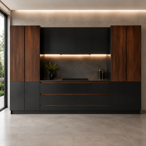 <span class=keywords><strong>Cucina</strong></span> Modulare Moderna Personalizzata con Ampia Capacità di Stoccaggio, Top in Quarzo, Design Nero Senza Maniglie - Product Image 1