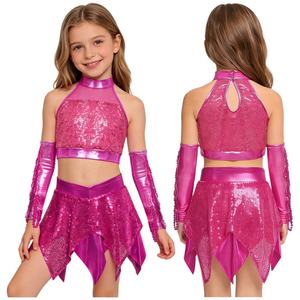 Conjunto de Ropa para Danza Jazz para Niñas de 6 a 16 Años, Top Corto con Falda Metálica y Guantes, Traje de Danza Latina para Recital y Entrenamiento - Product Image 5