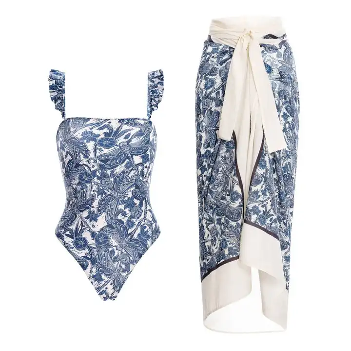 2022 nuove donne costume da bagno stampato libellula blu e coprispalle cinturino con volant costume da bagno intero costumi da bagno floreali costumi da bagno