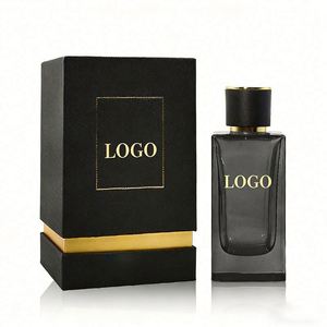 Flacon de parfum en verre ambré et gris personnalisé avec logo, pour homme, 30 ml, 50 ml, 100 ml, avec vaporisateur à pompe, bouchon noir et bordure dorée - Product Image 1