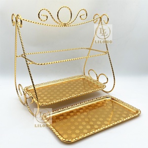 Giá đỡ bánh hai tầng bằng thép không gỉ mạ vàng hình chữ nhật sang trọng, khay trưng bày bánh ngọt thanh lịch cho đám cưới và tiệc tùng - Product Image 5