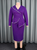 AM050765 Robe de Carrière Élégante à Manches Longues avec Perles, Col Revers Asymétrique et Ourlet Irrégulier Grande Taille pour Femme