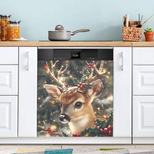 Housse magnétique de Noël pour réfrigérateur avec motif cerf et baies de houx, décoration de cuisine, aimant de Noël pour lave-vaisselle, personnalisable - Product Image 1