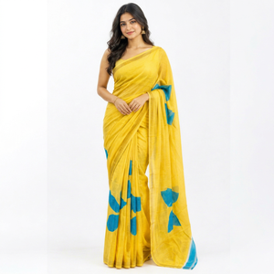 Sari Amarillo de Algodón Estampado, Largo hasta el Suelo, Sin Arrugas, que Absorbe la Humedad, con Borde en Contraste Azul, Estilo Banarasi, para Uso Casual - Product Image 1