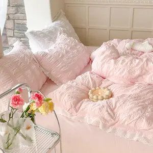 2024 New Arrival Washed Cotton Hollow Out Lace Bedding Sheet Pillow Case Duvet Cover 4 Pieces Set