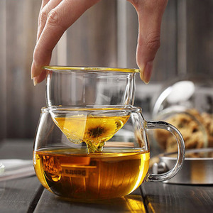 Taza de elaboración de té de flores de vidrio de borosilicato alto con separación de mango Juego de tazas de tres piezas de cubierta plana de oficina divertida - Product Image 2