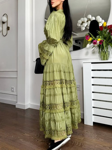 Y0511 Abito Lungo Stile Retrò Francese per Donne, Moda Estiva Casual con Allacciatura in Vita, Design Ricamato, Maniche a Campana, Tinta Unita - Product Image 4