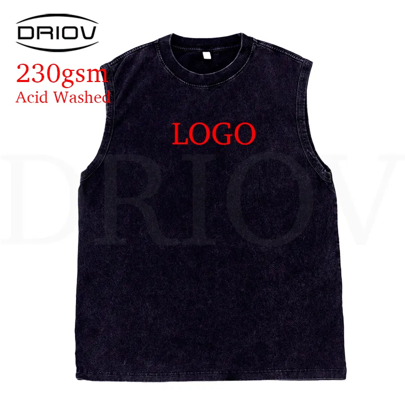 Camiseta lavada con ácido de 230g de alta calidad, etiquetas personalizadas, etiquetas, caja de hombro, camisetas sin mangas para hombres, camisetas