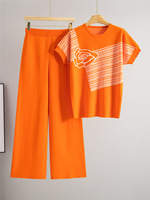 Ensemble décontracté deux pièces pour femme : haut tricoté à manches courtes rayé color block et pantalon large taille haute amincissant pour l'été