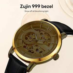Reloj de oro chino 3D 18K 24K, esfera Tourbillon, pareja ahuecada, reloj de cuero mecánico automático dorado - Product Image 3