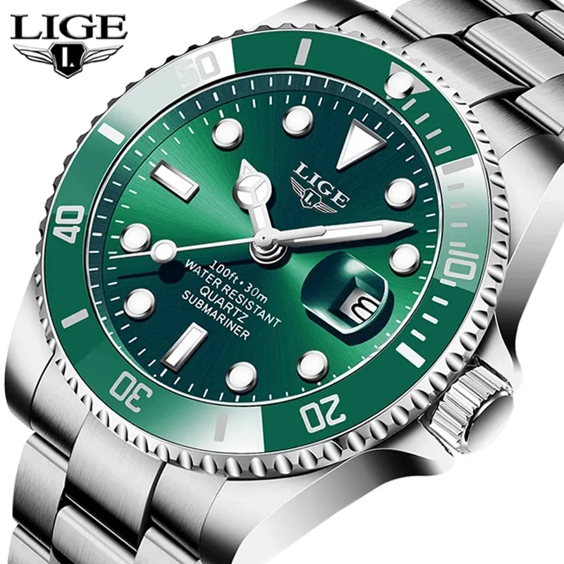 Green Lige 10045 Men Quartz Wristwatches Luxury Stainless Steel Watch 3ATM Waterproof Luxury Reloj Watches for Men With Box