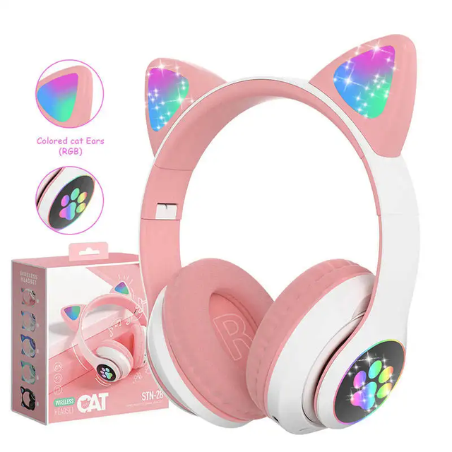 HiFi Universal Cute RGB Wireless Headphones STN28 Cat Ears Wireless Headphone Stereo Music Light up Gaming Headset with Mic