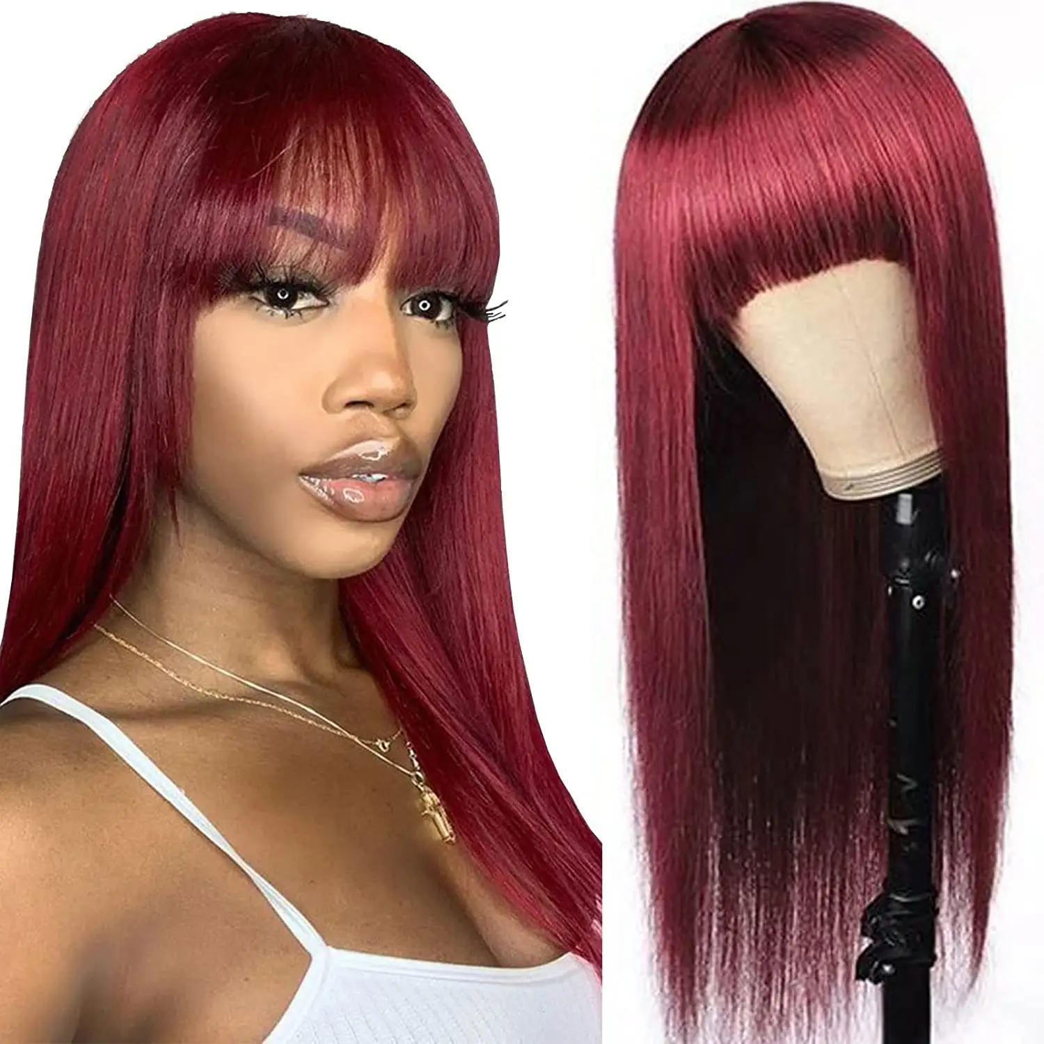 बैंग्स के साथ रेबेका 99J मानव बाल विग सीधे बाल महिलाओं के लिए Glueless कोई भी फीता सामने Wigs ब्राजील रेमी बाल शराब लाल रंग