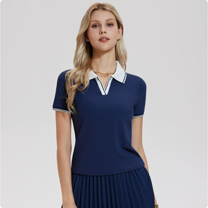 Polo de Manga Corta Blanco para Mujer con Cuello y Ribete Azul Marino, Estilo Preppy, Tela Oxford, 100% Algodón - Product Image 2