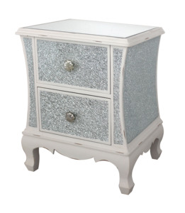 Cute Distressed White Nightstand 2 Drawers Crushed Diamond End <strong>Table</strong> Crackled Glass New Design Bedroom Side <strong>Table</strong> White Trims - Product Image 6