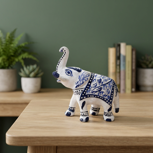 Figurine d'éléphant en métal émaillé en poterie bleue faite à la main avec motif floral, statue traditionnelle indienne pour table - Product Image 3