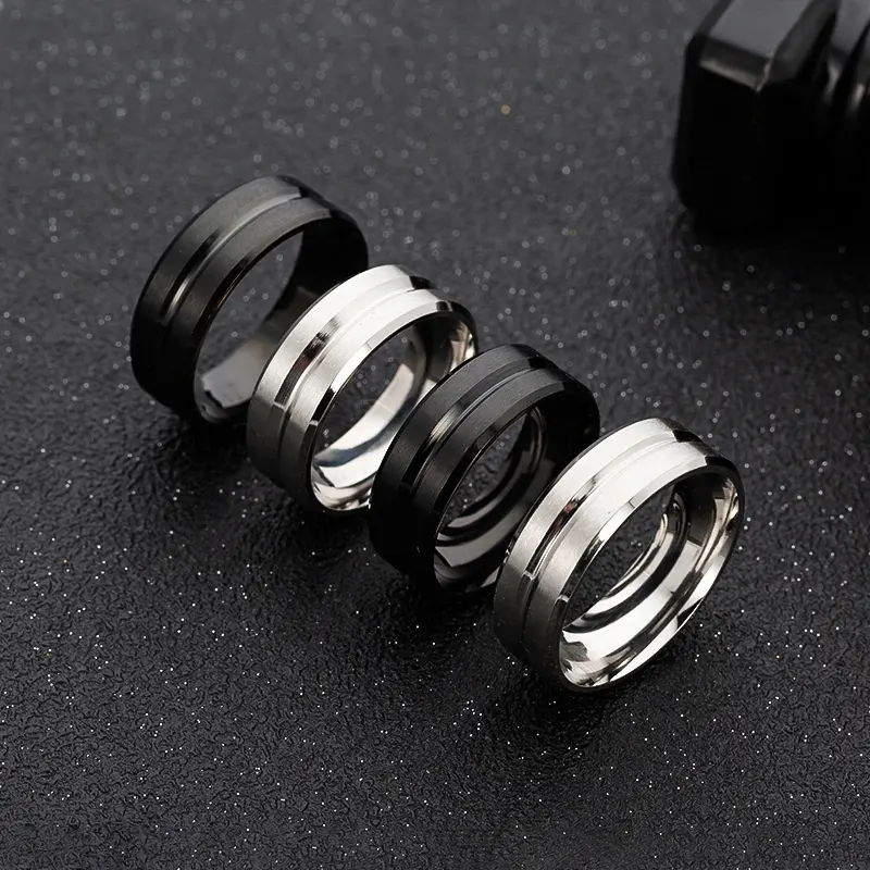 Hot Selling 8MM Stainless Steel Grooved Ring Simple Black Silver Men Band Rings Jewelry Wholesale