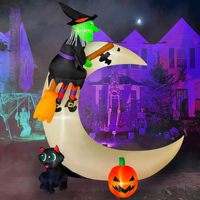 Sorcière gonflable d'Halloween sur la lune de 8 pieds avec citrouille chat et lumières LED décoration de cour hantée extérieure ornement d'Halloween