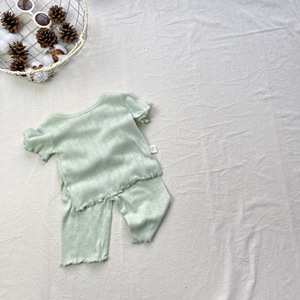 Conjunto de Ropa Informal de Verano <span class=keywords><strong>para</strong></span> Bebés, Niños y Niñas, Estilo Coreano, Color Sólido, Transpirable, con Volantes - Product Image 3