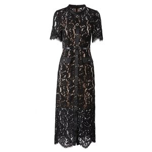 Abito <span class=keywords><strong>Lungo</strong></span> da Donna Primavera Estate 2026 <span class=keywords><strong>con</strong></span> Design Vintage, <span class=keywords><strong>Pizzo</strong></span> Traforato, Scollo a O, Maniche Corte, Chiusura Monopetto, Tinta Unita e Cintura - Product Image 1