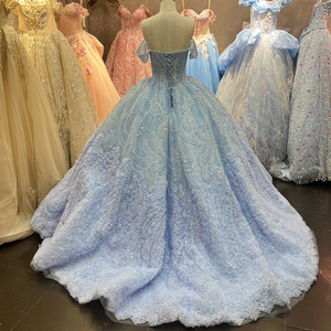 Abito da Quinceañera Jancember 6948 Azzurro, Stile Principessa, Spalle Scoperte, con Fiori 3D in Tulle e Dettagli Scintillanti - Product Image 3