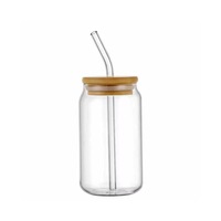 Vaso de Vidrio Borosilicato Personalizado Haonai de 16 oz con Tapa de Bambú y Pajita - Diseño Transparente/Esmerilado, Ecológico y Saludable
