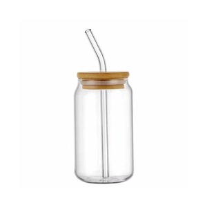 Gobelet en verre transparent et givré pour boissons personnalisées (soda, <span class=keywords><strong>café</strong></span> glacé, bière) avec couvercles en bambou et paille - Product Image 1