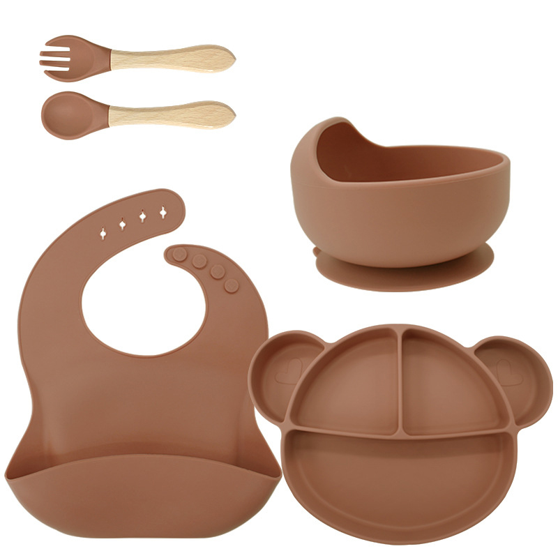 Orange rouge [bavoir+assiette+bol+fourchette avec manche en bois]