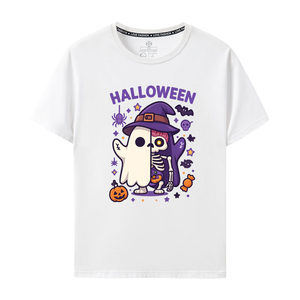 T-shirt tricoté à manches courtes col rond motif dessin animé Halloween (Fantôme, Citrouille) 100% Coton Respirant pour Hommes et Femmes - Product Image 2