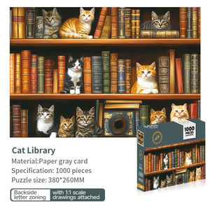 Puzzle <span class=keywords><strong>en</strong></span> carton sur mesure 1000 pièces, thème Bibliothèque Feline, avec grille A/Z imprimée au dos, schéma grandeur nature, finition vernis satiné, carton de sécurité de qualité supérieure - Product Image 1