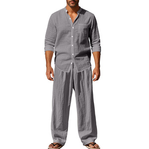 Completo da uomo in lino: camicia e pantaloni, 95% lino 5% poliestere, lavaggio effetto sabbia, anti-piega, a maniche lunghe, casual, per la spiaggia - Product Image 6