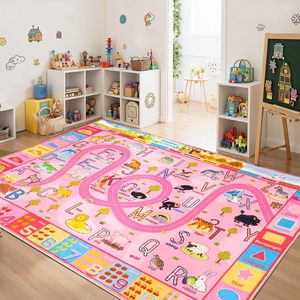 Rosa Teppich mit <span class=keywords><strong>Zoo</strong></span>-Motiv, pädagogisch wertvoll, mit Alphabet, Zahlen und Tieren, waschbar, rutschfest, für Mädchen, Klassenzimmer, Spielzimmer, Kinderzimmer, Heimdekoration - Product Image 2