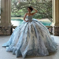 Robe de Quinceañera Mumuleo à épaules dénudées bleu ciel, robes de fête d'anniversaire, fleurs 3D, Vestidos De 15 Anos avec nœud