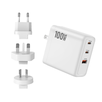 Chargeur rapide GaN 100W PD100W QC18W à 3 ports USB C, adaptateur secteur avec prises UK EU AU pour les voyages internationaux