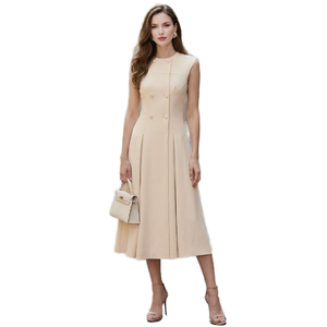 Elegante Vestido Midi sin Mangas con Corte en A, Botones al Frente, Dobladillo Plisado, Cintura Natural, Cuello Redondo, para Oficina, Tejido de Color Sólido - Product Image 1