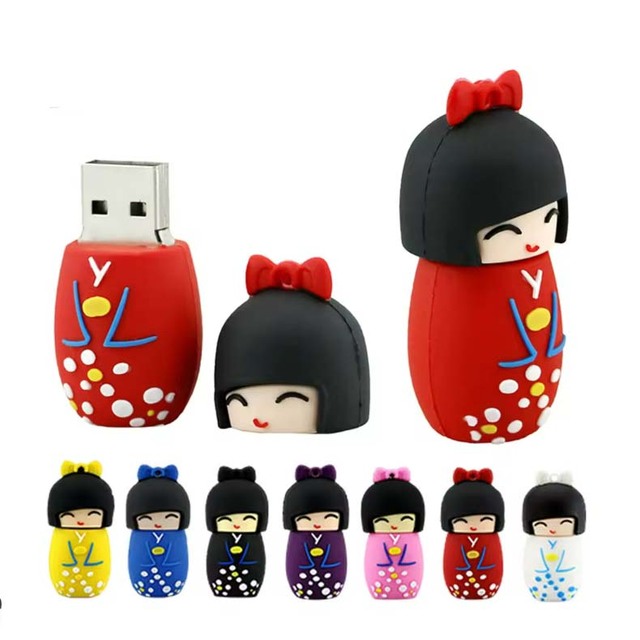 Cartoon Kimono Japanese Doll USB 2.0 Pendrive 128GB USB Flash Drive 64GB 32GB 16GB 8GB Pen Drive High Speed Memory Stick Disk