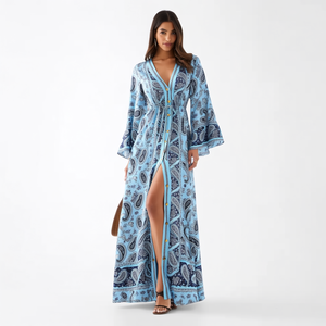 <span class=keywords><strong>Vestido</strong></span> Maxi Largo Bohemio para Mujer <span class=keywords><strong>con</strong></span> Estampado Paisley Personalizado, <span class=keywords><strong>Azul</strong></span> <span class=keywords><strong>Cielo</strong></span>, Cuello en V, Manga Campana, Cintura <span class=keywords><strong>con</strong></span> Cordón y Abertura Alta - Product Image 2