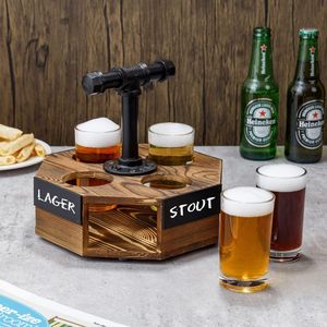 Wooden <b>Beer</b> Tray With Wrought Iron Handle 6 Cup Holder For Lager Stout Serving - Product Image 1