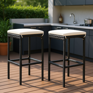 Ensemble de 2 tabourets de bar en rotin noir avec coussins pour une utilisation en extérieur et en intérieur - Product Image 2