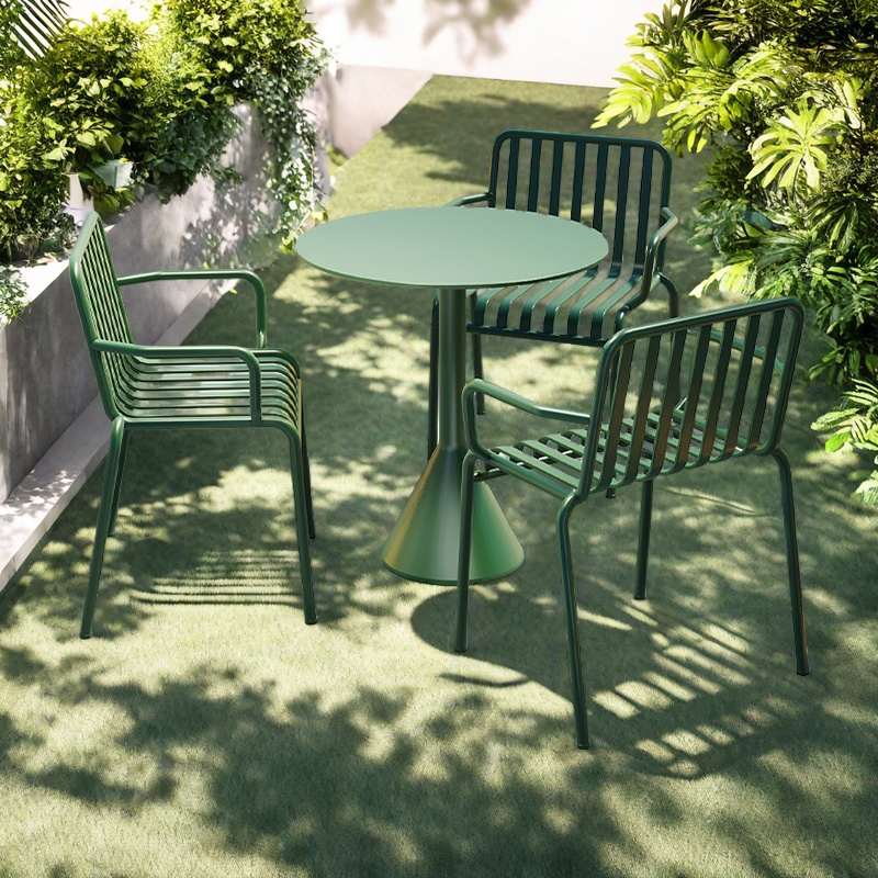 Green - one table and three chairs - round table (armrests)