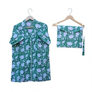 Indian Handmade 100% Pure Cotton Women's Pajama Set Romantic Floral Print <b>Drawstring</b> Closure V-Neck Short Sleeve Quick Dry - Product Image 5