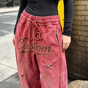 OEM Streetwear Vintage Custom Screen Printing Sweat Pants Distressed Acid Wash Flared Baggy Double Waisted Sweatpants Men - Product Image 4