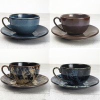 Ensemble tasse et soucoupe en céramique en gros, design rétro de luxe léger, glaçure à effet de four, 250 ml, pour thé de l'après-midi et latte