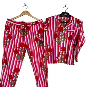 Ensemble de pyjama décontracté 3 pièces en coton tissé pour femme, motif floral rouge rayé, taille élastique faite à la main, vêtements de détente printemps-été, style bohème - Product Image 1