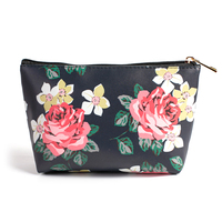 Sac de maquillage vintage noir en PU avec impression numérique florale, motif vierge tendance, fermeture éclair, accessoires de voyage multi-tailles