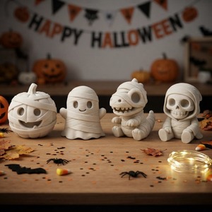 Set di 4 Statuette Minimaliste Art Déco Stampate in 3D Bianche: Mummia, Zucca, Fantasma, Grim Reaper - Decorazioni da Scrivania per Halloween e Anniversari - Product Image 1