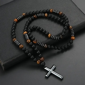 <span class=keywords><strong>Collier</strong></span> <span class=keywords><strong>croix</strong></span> œil <span class=keywords><strong>de</strong></span> tigre pour homme, <span class=keywords><strong>collier</strong></span> en obsidienne, pendentif <span class=keywords><strong>croix</strong></span> en hématite, colliers chapelet - Product Image 4