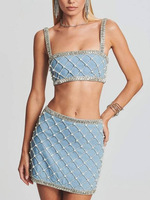 Ensemble de robe pour femmes Sexy diamants perles haut + taille haute Mini jupe costume discothèque tenues de fête 2 pièces ensembles
